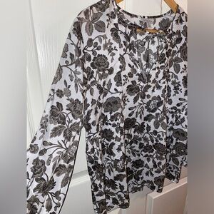 Lucky Brand White w/ Gray Floral Long Sleeve Blouse, Top, Business Casual